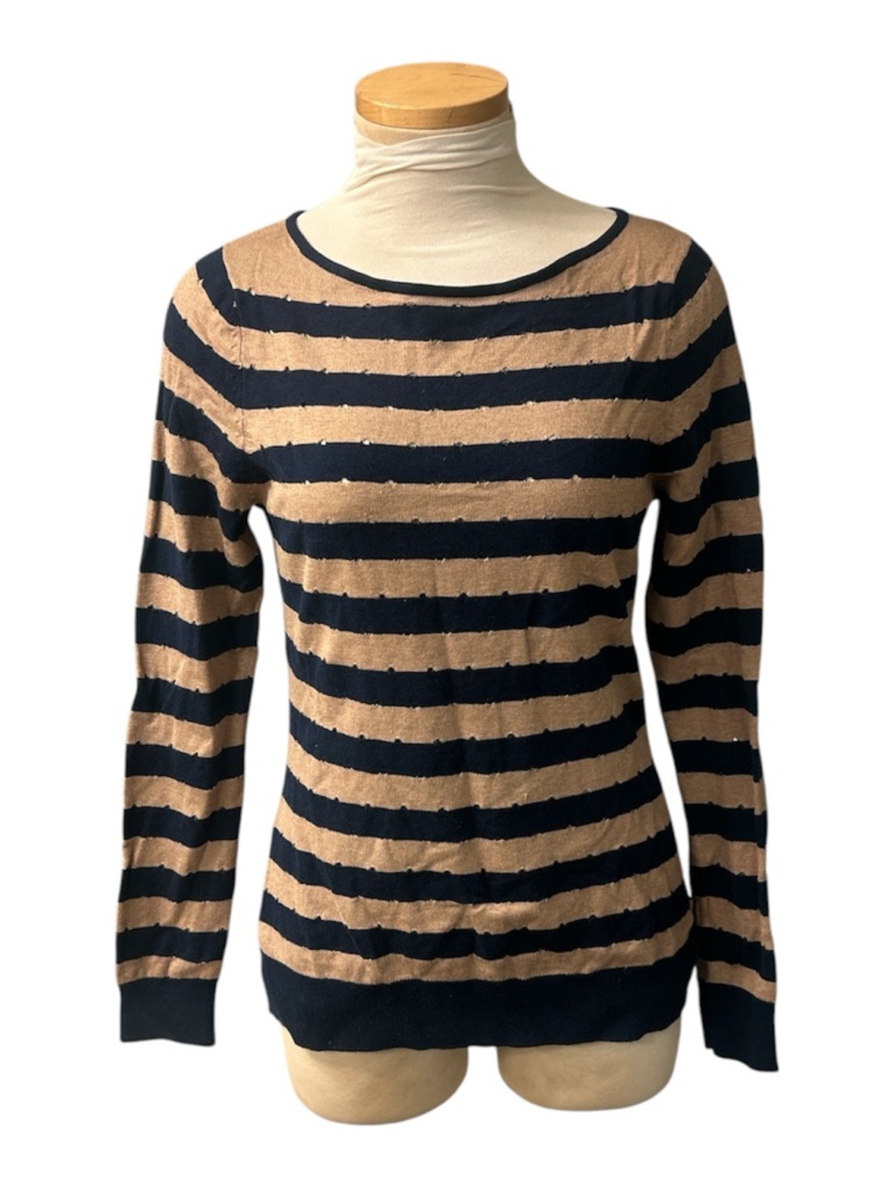 Etcetera Navy and Tan Striped Scoop Neck Sweater